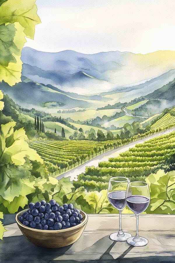 Pictură de pahare de vin și struguri pe o masă în fața unei podgorii Pictură de pahare de vin și struguri pe o masă în fața unei podgorii