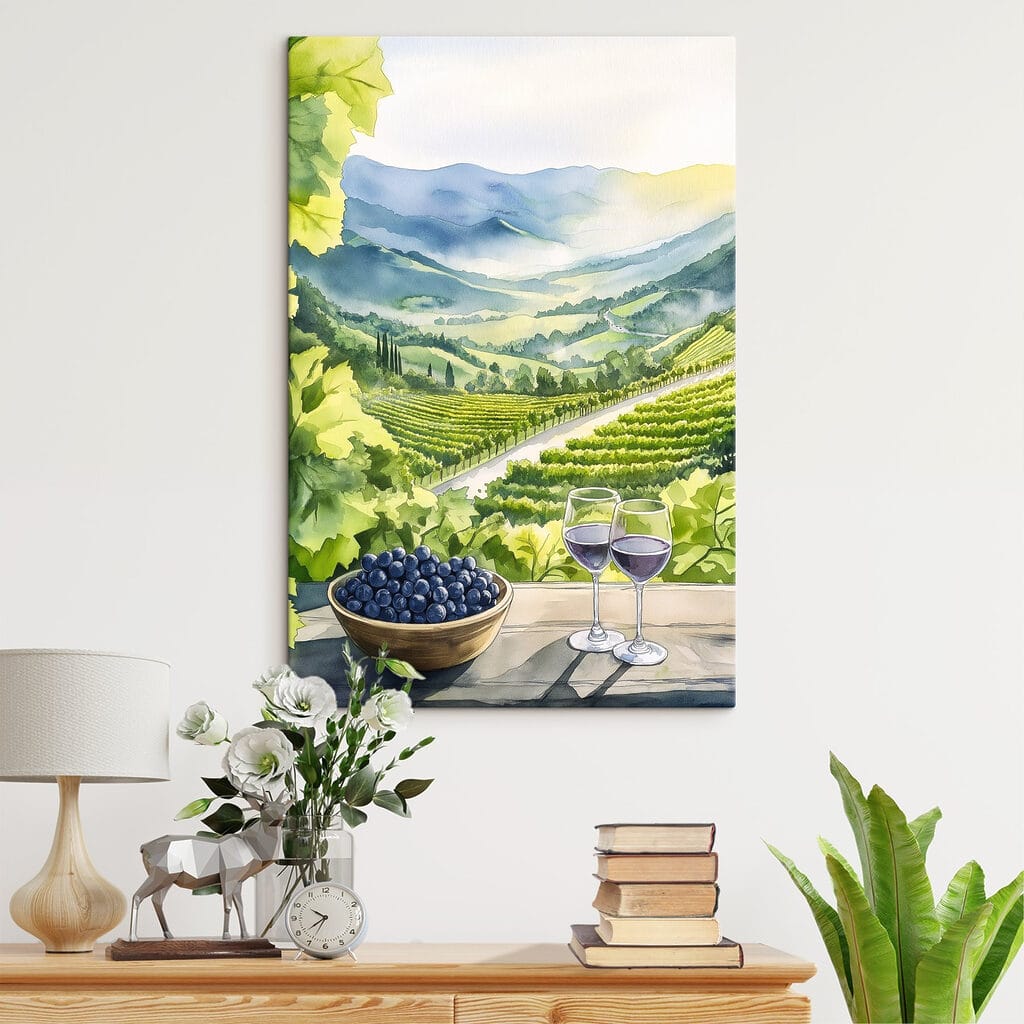 Painting of wine glasses and grapes on a table in front of a vineyard Painting of wine glasses and grapes on a table in front of a vineyard