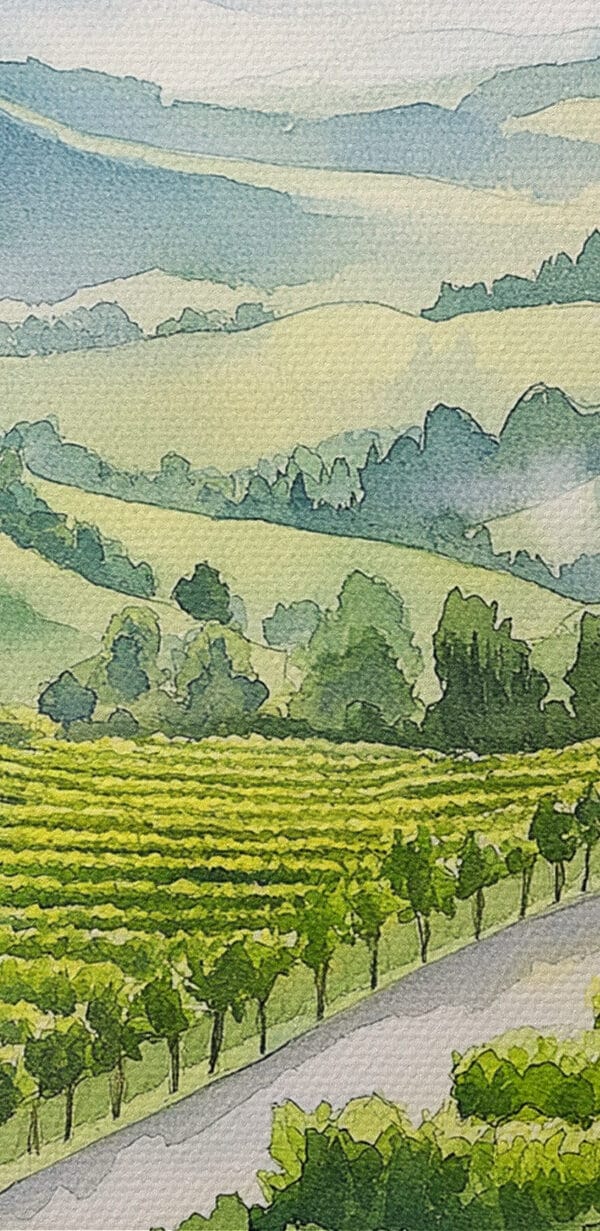 Pictură de pahare de vin și struguri pe o masă în fața unei podgorii Pictură de pahare de vin și struguri pe o masă în fața unei podgorii