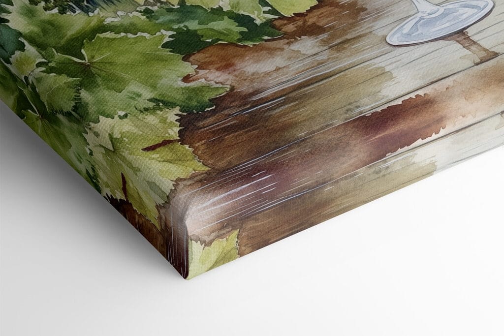 Watercolor of wine glasses on a table with grapes and hills in the background