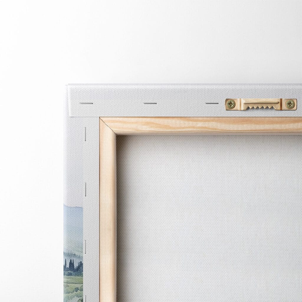 Watercolor of wine glasses on a table with grapes and hills in the background
