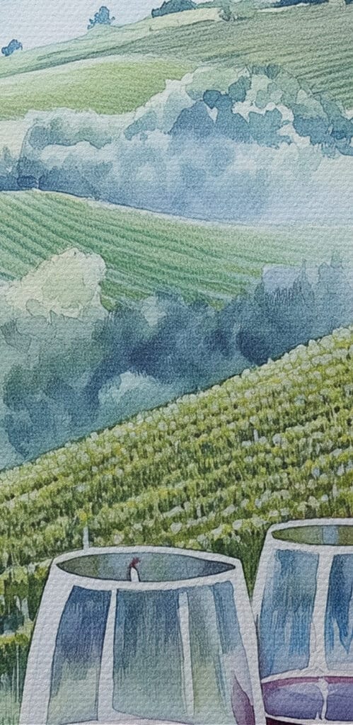 Watercolor of wine glasses on a table with grapes and hills in the background