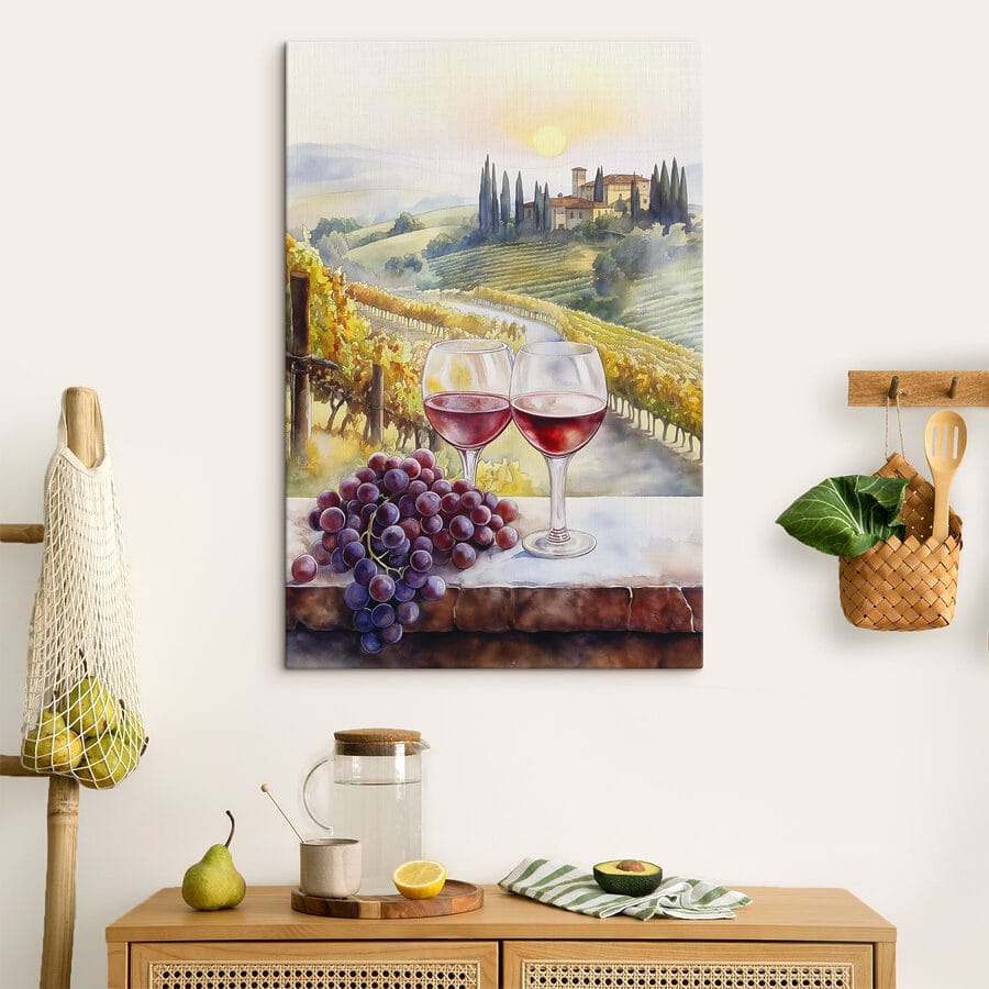 Pictura acuarelă de pahare de vin și struguri Pictura acuarelă de pahare de vin și struguri