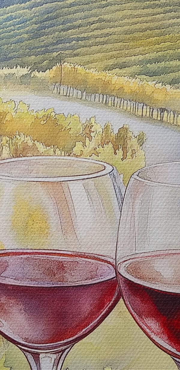 Pictura acuarelă de pahare de vin și struguri Pictura acuarelă de pahare de vin și struguri