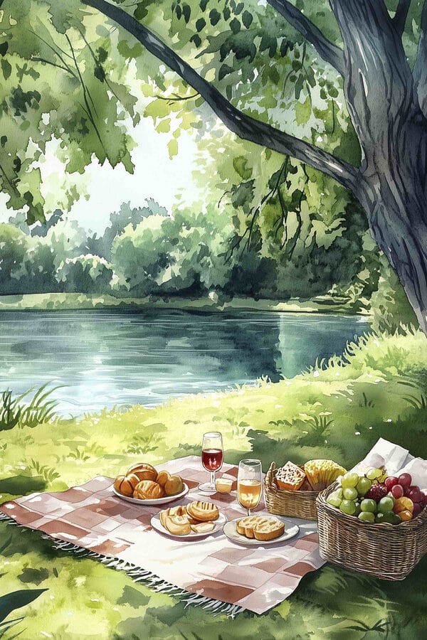 Pictura acuarelă de alimente pe o pătură de picnic lângă un lac Pictura acuarelă de alimente pe o pătură de picnic lângă un lac