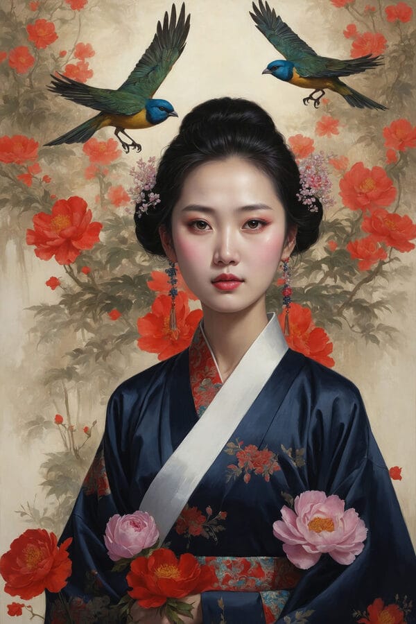 Femeie într-un kimono cu flori și păsări Femeie într-un kimono cu flori și păsări