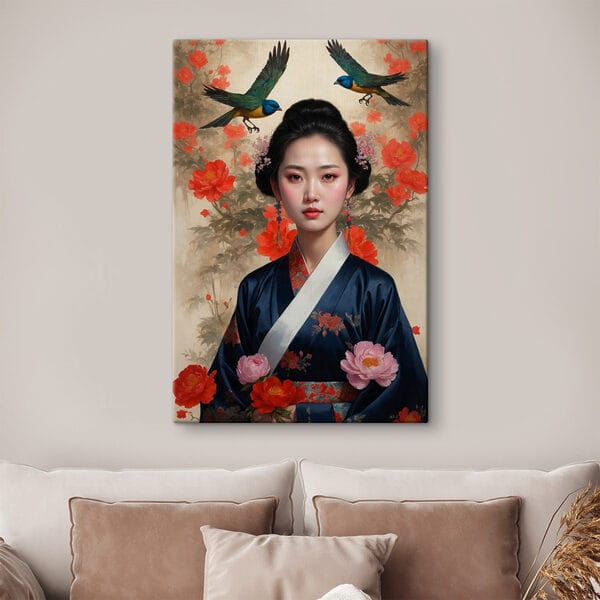 Femeie într-un kimono cu flori și păsări Femeie într-un kimono cu flori și păsări