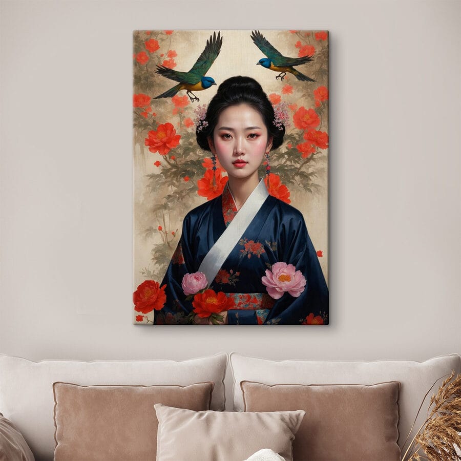 Femeie într-un kimono cu flori și păsări Femeie într-un kimono cu flori și păsări