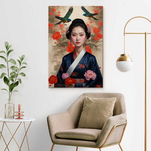Femeie într-un kimono cu flori și păsări Femeie într-un kimono cu flori și păsări
