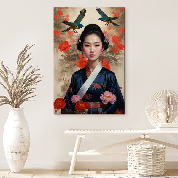 Femeie într-un kimono cu flori și păsări Femeie într-un kimono cu flori și păsări