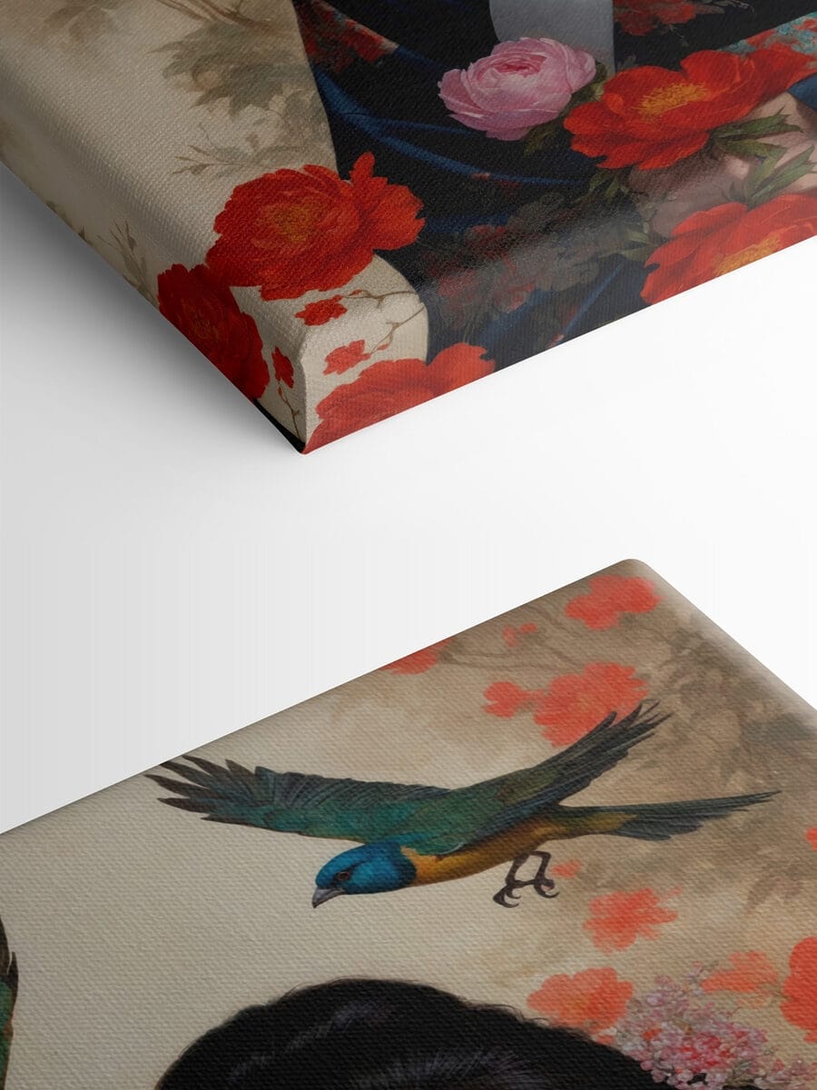 Femeie într-un kimono cu flori și păsări Femeie într-un kimono cu flori și păsări