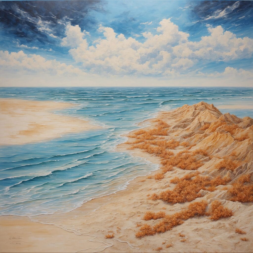 Painting of a beach with sand and water