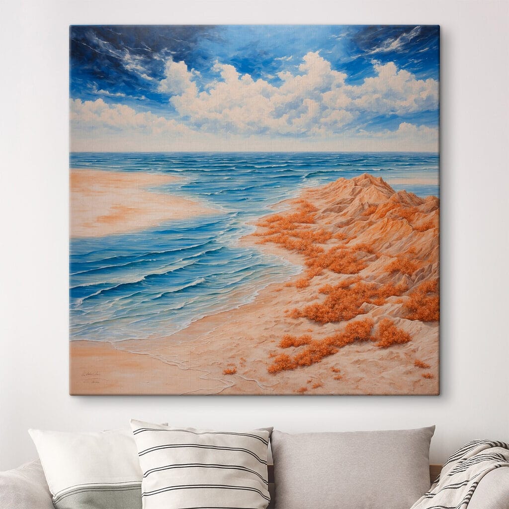Painting of a beach with sand and water