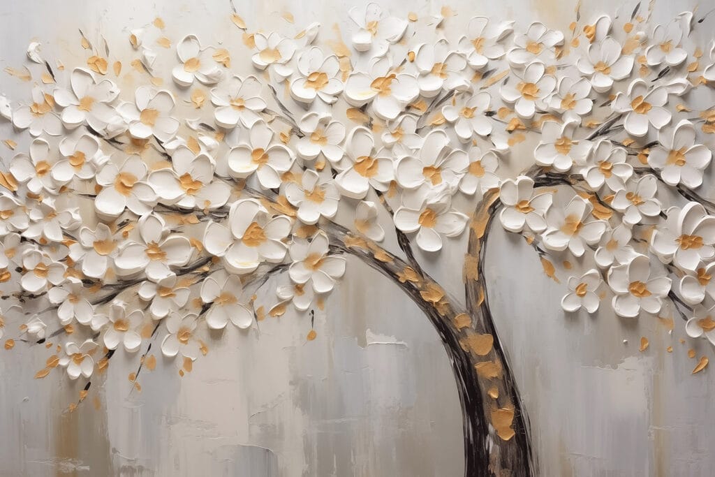 Painting of a tree with white flowers