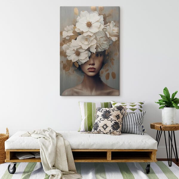 Pictura unei femei cu flori pe cap Pictura unei femei cu flori pe cap
