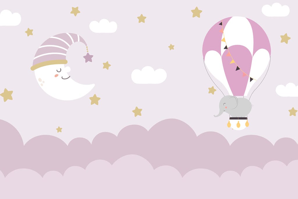 Elefant de desene animate și luna într-un balon Elefant de desene animate și luna într-un balon