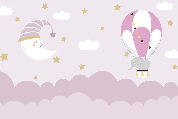 Elefant de desene animate și luna într-un balon Elefant de desene animate și luna într-un balon