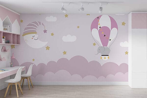 Elefant de desene animate și luna într-un balon Elefant de desene animate și luna într-un balon