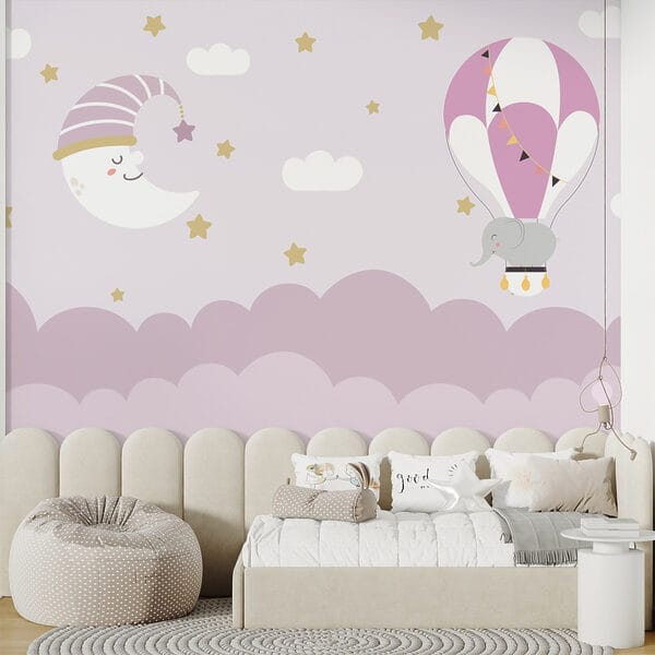 Elefant de desene animate și luna într-un balon Elefant de desene animate și luna într-un balon
