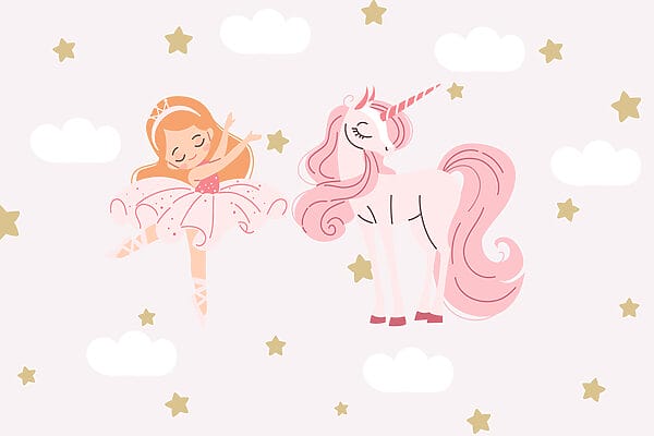 Desen animat de o fată dansatoare de balet și un unicorn Desen animat de o fată dansatoare de balet și un unicorn