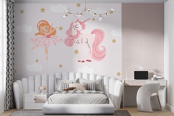 Desen animat de o fată dansatoare de balet și un unicorn Desen animat de o fată dansatoare de balet și un unicorn