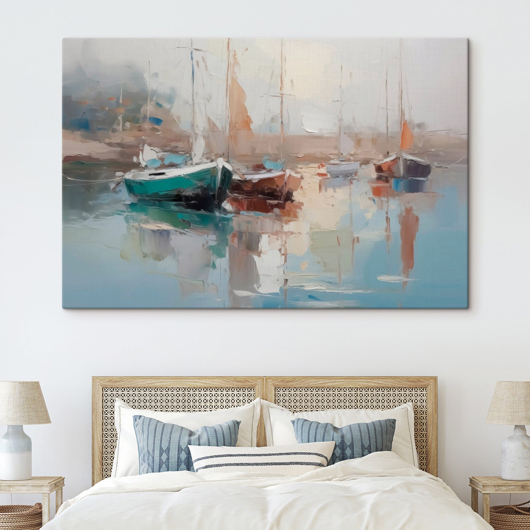 Painting of boats in a harbor Painting of boats in a harbor
