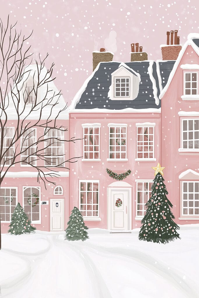 Pink house with trees and snow