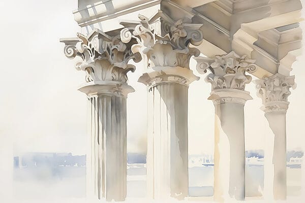 Watercolor painting of a building with pillars Watercolor painting of a building with pillars