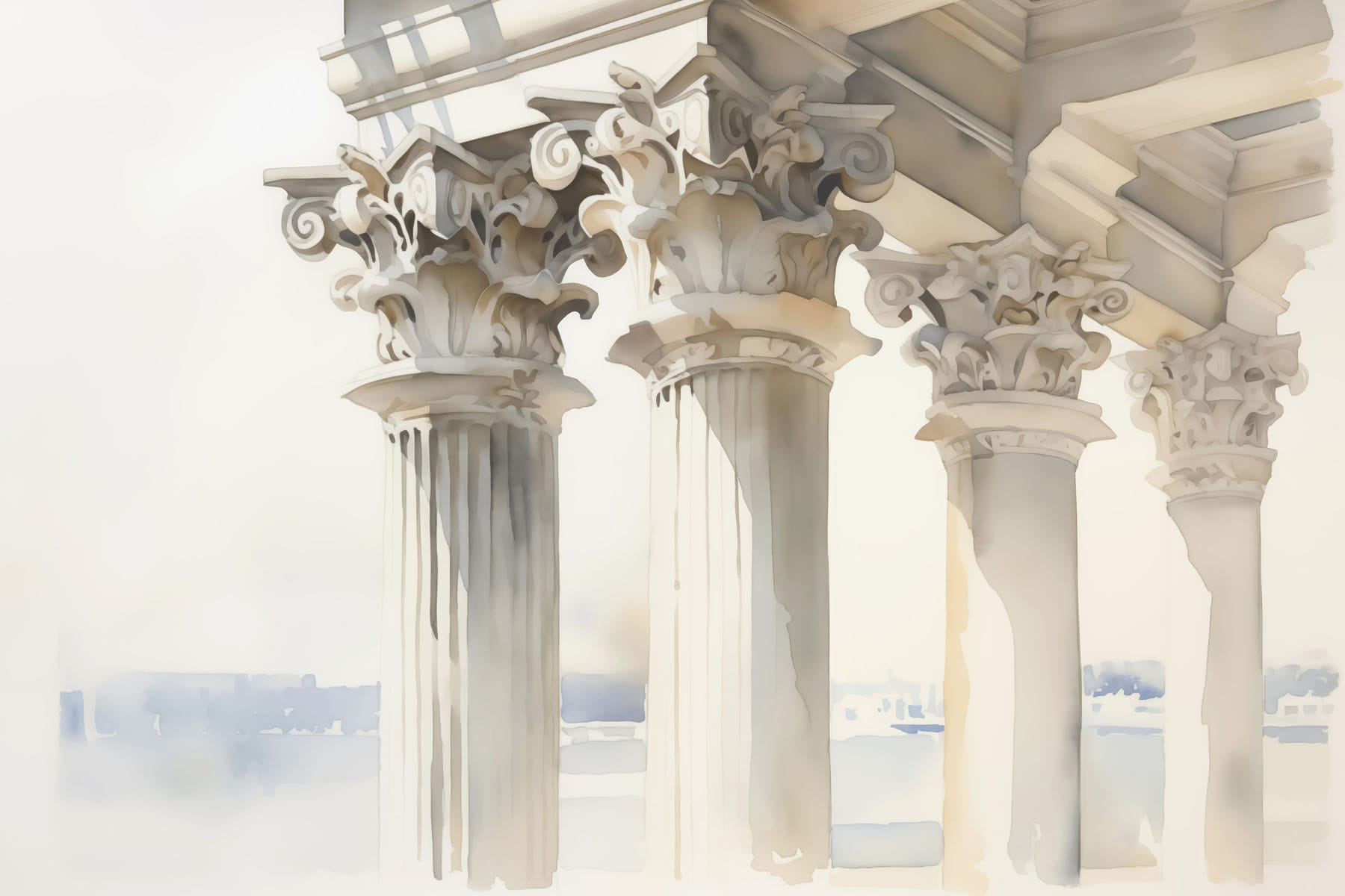 Watercolor painting of a building with pillars Watercolor painting of a building with pillars