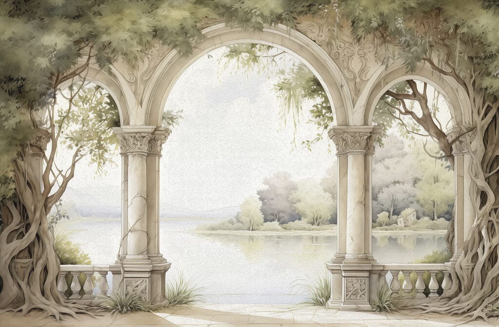 Pictura acuarelă a unei arcade de piatră cu copaci și un lac Pictura acuarelă a unei arcade de piatră cu copaci și un lac