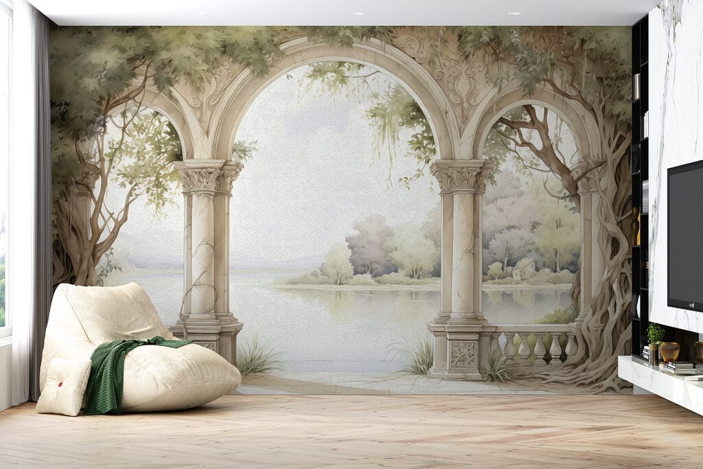 Watercolor painting of a stone archway with trees and a lake