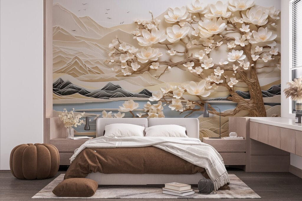 Tree with white flowers and mountains