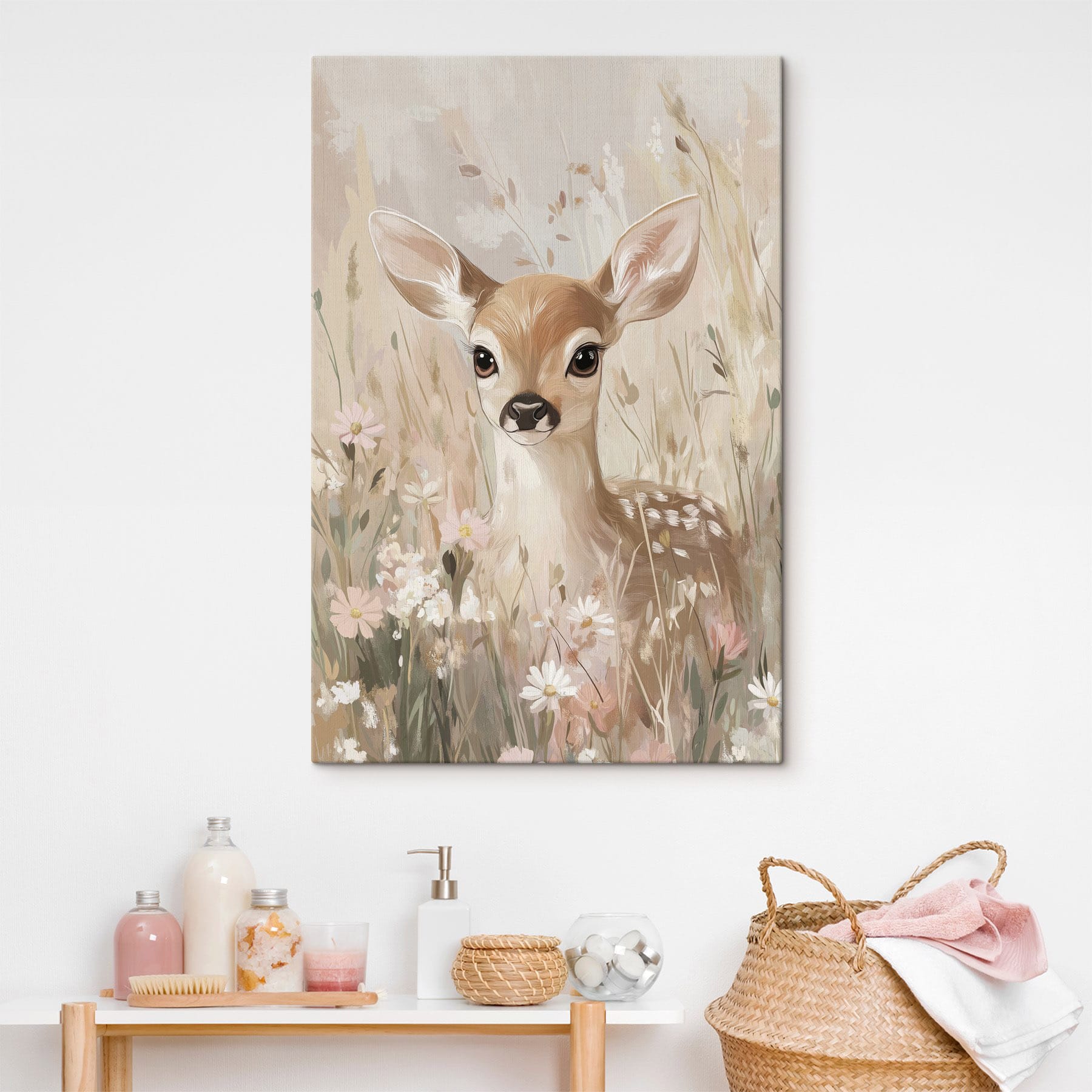 Painting of a deer in a field of flowers