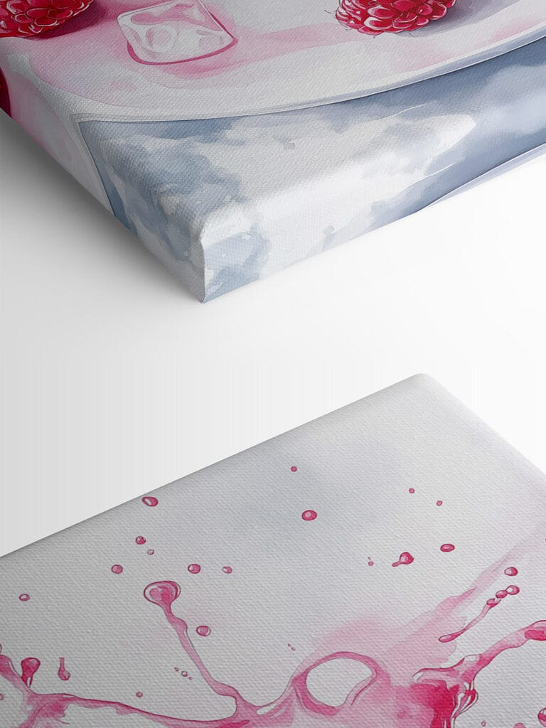 Donut with pink frosting and raspberries splashing into a white plate