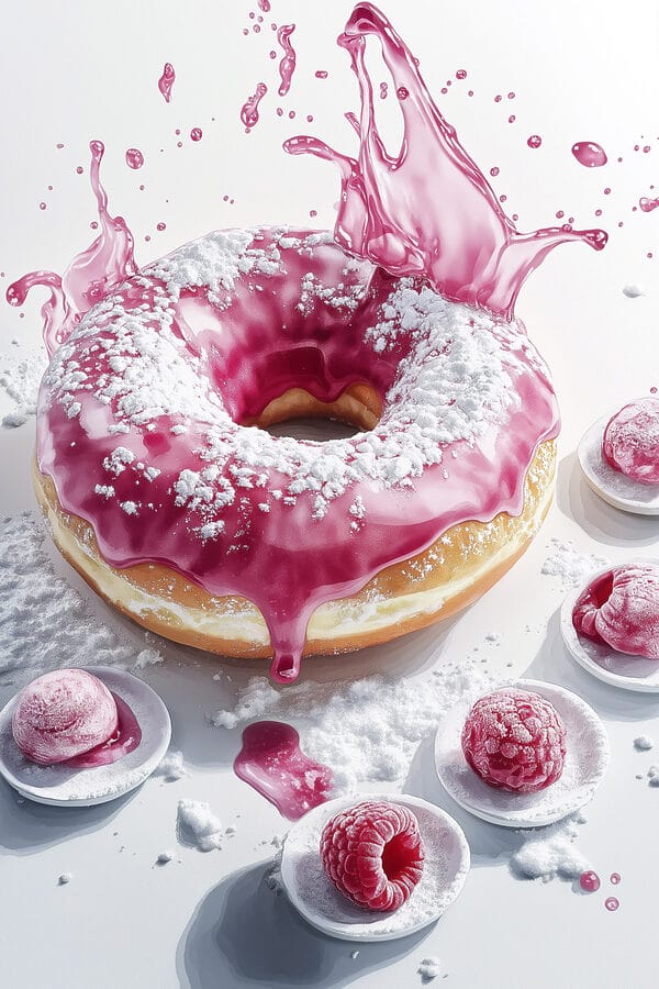 Donut with pink frosting and powdered sugar Donut with pink frosting and powdered sugar