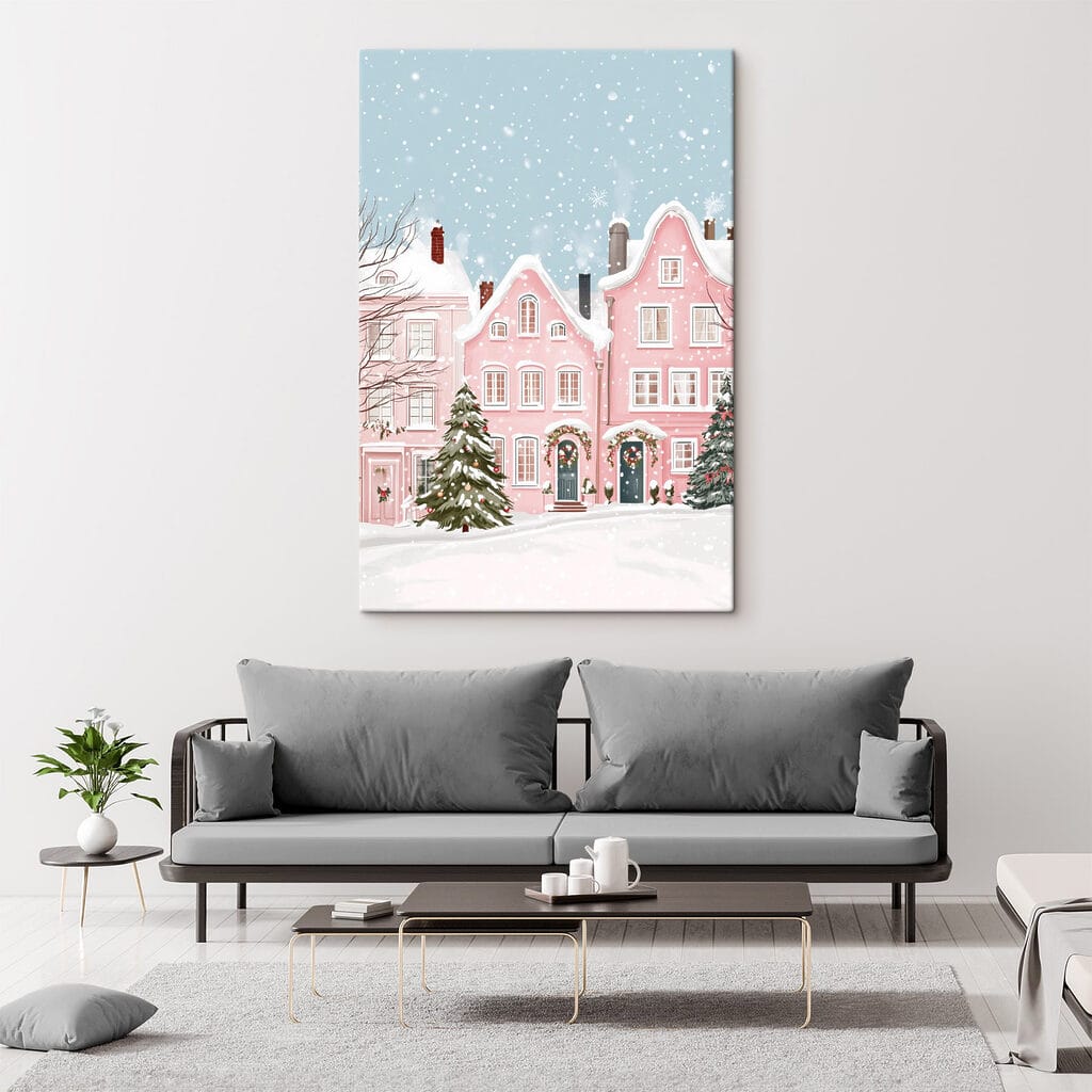 Pink house with snow on it