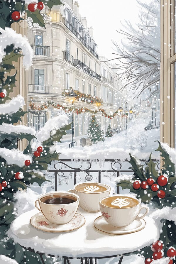 Cuplu de cești de cafea pe un balcon cu zăpadă și clădiri Cuplu de cești de cafea pe un balcon cu zăpadă și clădiri