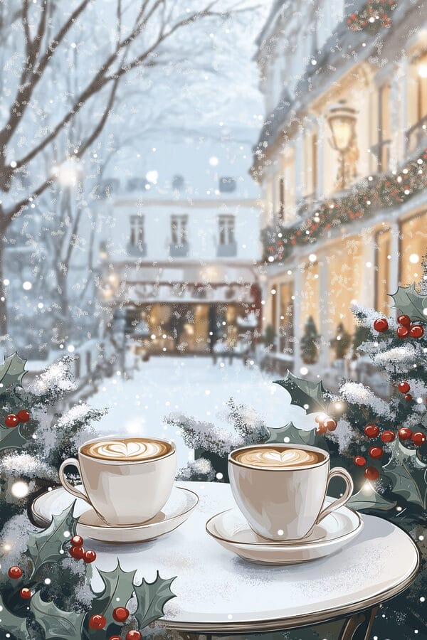 Două cești de cafea pe o masă în fața unei străzi înzăpezite Două cești de cafea pe o masă în fața unei străzi înzăpezite