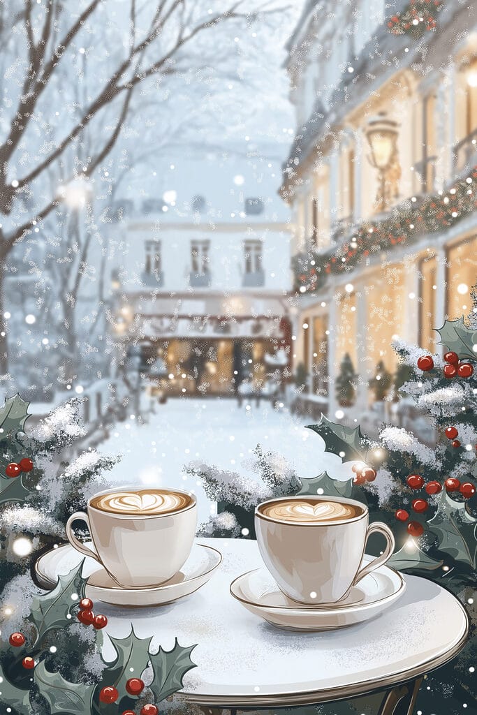 Two cups of coffee on a table in front of a snowy street