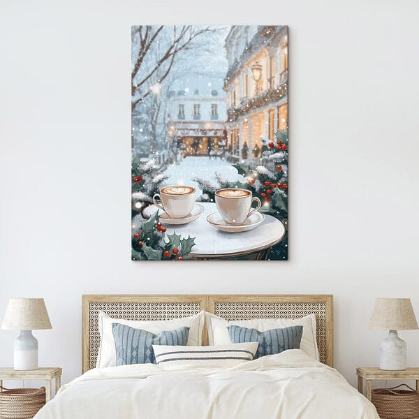 Două cești de cafea pe o masă în fața unei străzi înzăpezite Două cești de cafea pe o masă în fața unei străzi înzăpezite