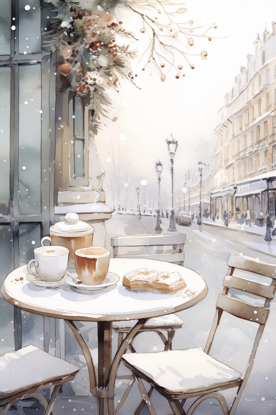 Masă cu cești de cafea și croissante pe ea