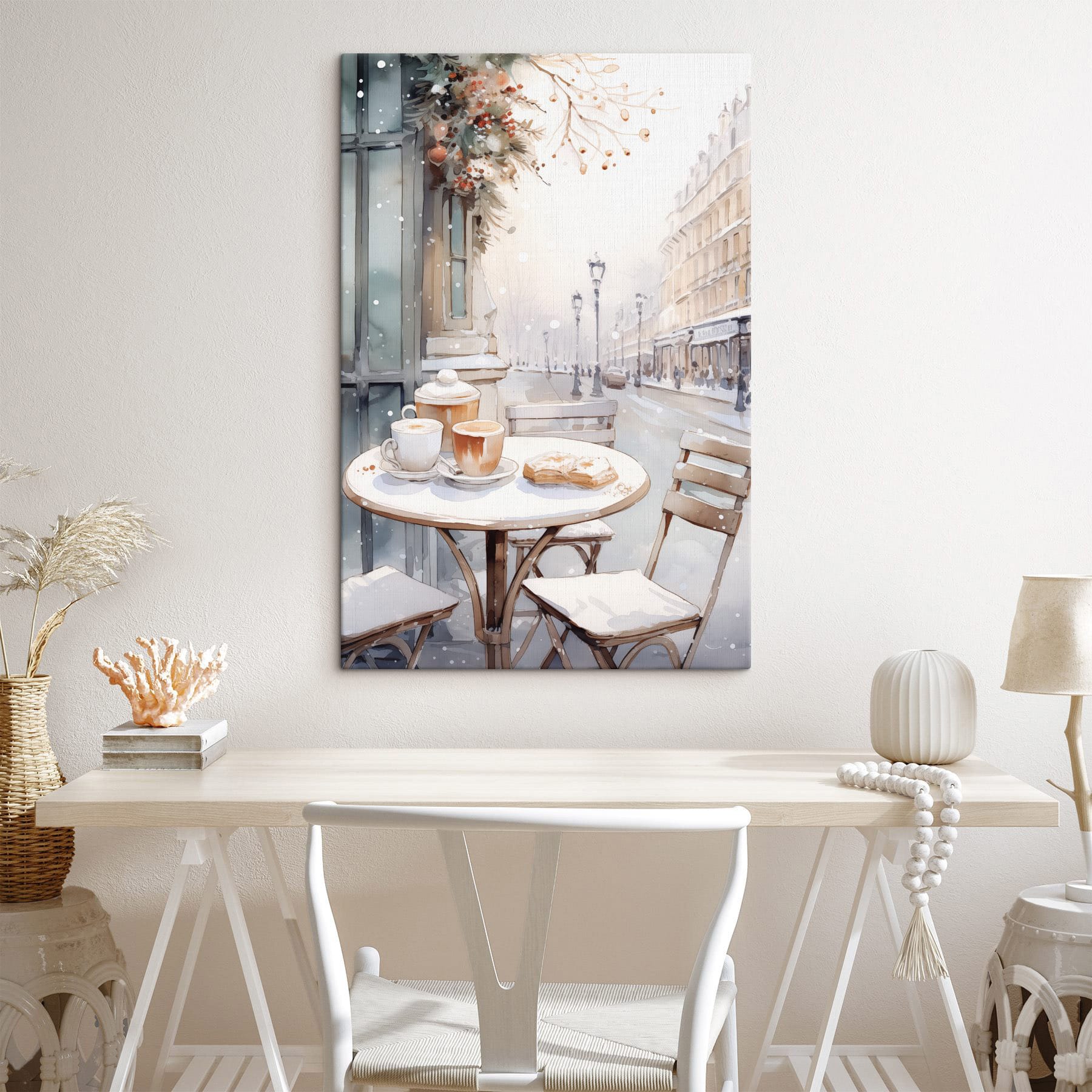 Table with coffee cups and croissants on it