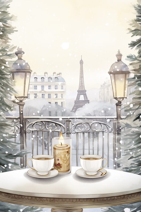 Painting of a tea set on a balcony with a tall tower in the background