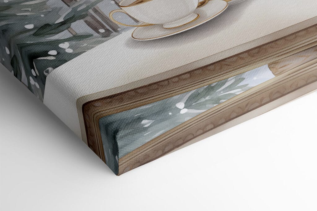 Painting of a tea set on a balcony with a tall tower in the background