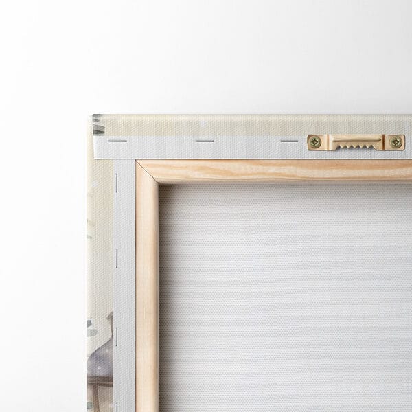 Painting of a tea set on a balcony with a tall tower in the background