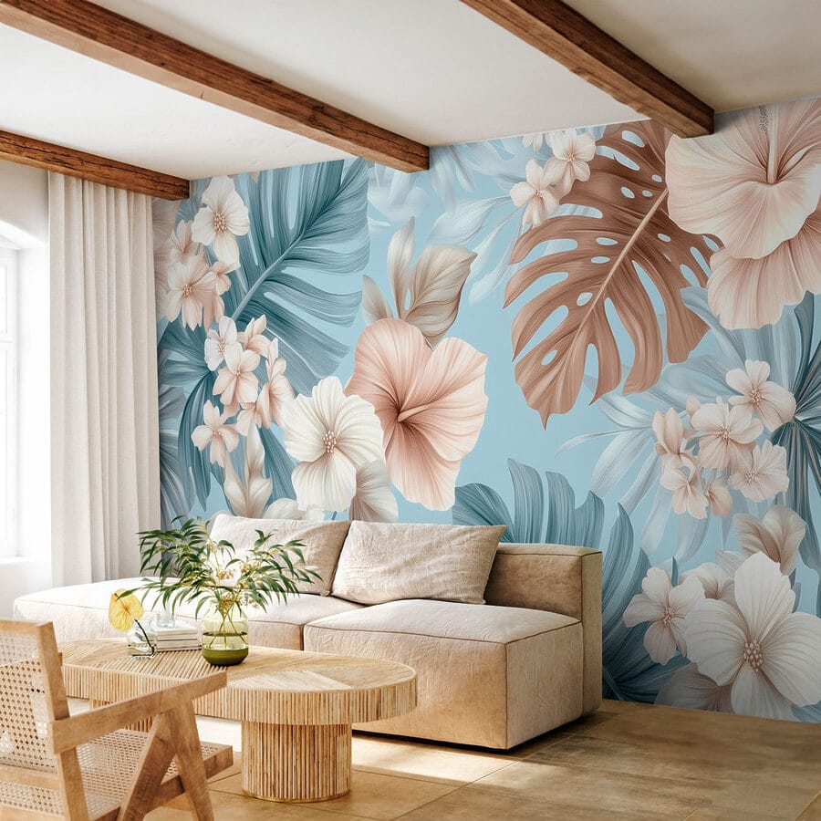 Model floral cu flori albe și maro