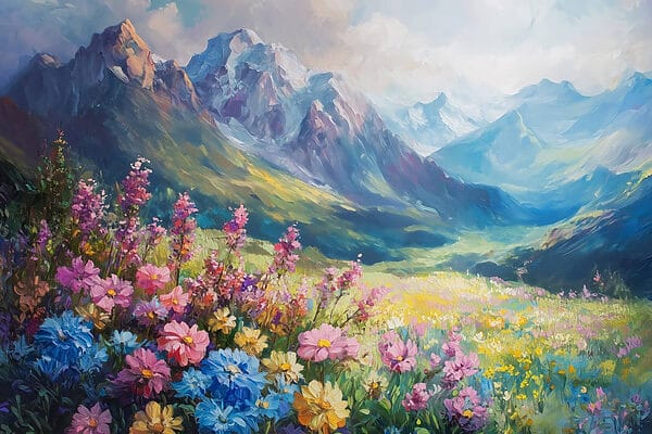 Pictura de flori într-un câmp cu munți în fundal Pictura de flori într-un câmp cu munți în fundal
