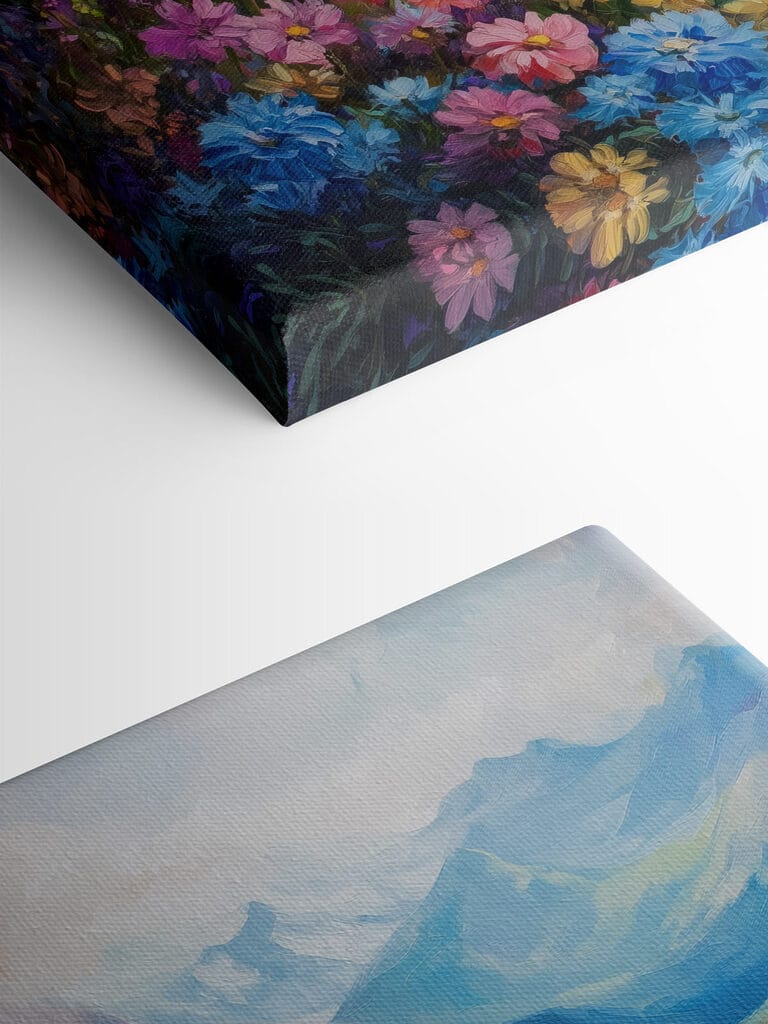 Painting of flowers in a field with mountains in the background Painting of flowers in a field with mountains in the background