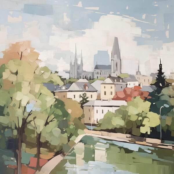 Pictura unui oraș cu copaci și un râu Pictura unui oraș cu copaci și un râu