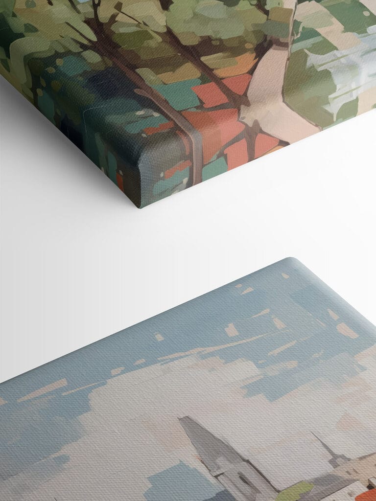 Painting of a city with trees and a river